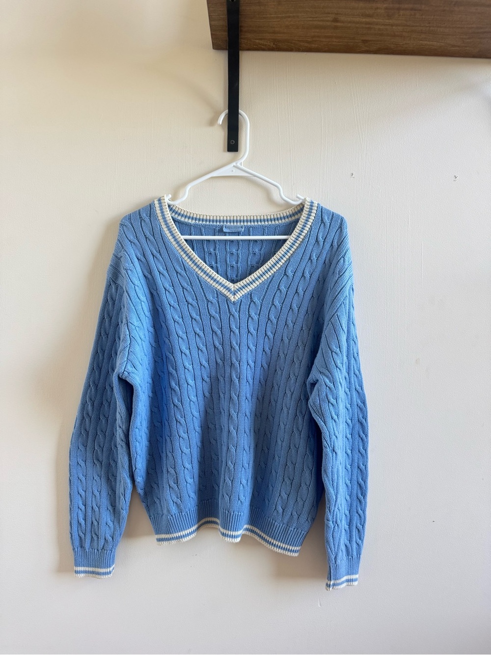 Brandy Melville Sky Blue Cable Knit V-Neck Sweater with White Trim